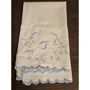 Vtg Embroidered Linen Tea Towel Blue Embroidery Flowers 20"L x 17"W